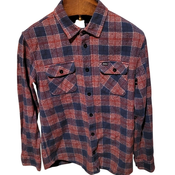 RVCA Plaid Flannel Men’s‎ Medium Red/ Navy Button Down Pockets - Picture 1 of 5